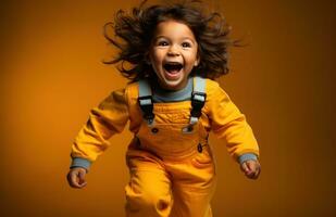 AI generated happy little girl in a pair of overalls jumping, i photo