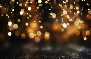 AI generated golden christmas lights and bokeh effect on black backgroun, photo