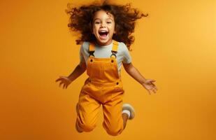 AI generated happy little girl in a pair of overalls jumping, i photo