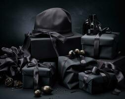 AI generated gift box on a black background with ribbons, dark black and black, photo