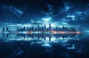 AI generated futuristic city skyline at night with the blue lights shining in the distance photo