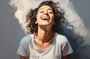 AI generated girl laughing with a grey tshirt girl, photo