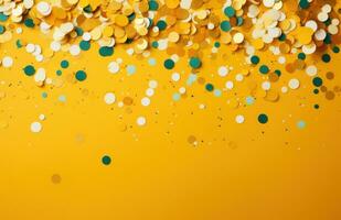 AI generated gold and colourful confetti particles on a yellow background, photo