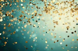 AI generated gold confetti falling over a turquoise background, photo