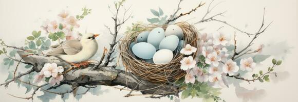 AI generated egg nest with flowers, eggs, seeds, photo