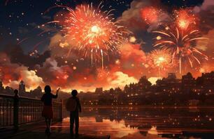 AI generated fireworks explode in the sky to celebrate the holiday, photo