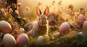 AI generated easter eggs with ears, a grass and flowers photo