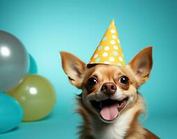 AI generated cute dog wearing party hat, photo