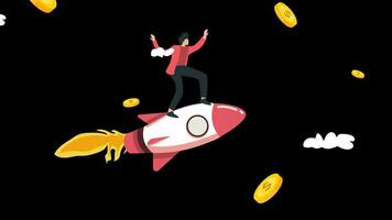 alfa canal 2d animado de inversores o negocio personas hacer enorme ganancias y mosca en el cielo con cohetes a lo largo con oro monedas 4k animación vídeo imágenes video