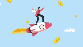 2D animated of investors or business people make huge profits and fly in the sky with rockets along with gold coins. 4k animation video footage