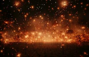 AI generated different fireworks and sparklers are shown over a red background, photo