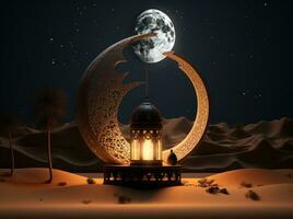 ai generado decorativo Desierto lámpara con el Luna y Dom en el fondo, foto