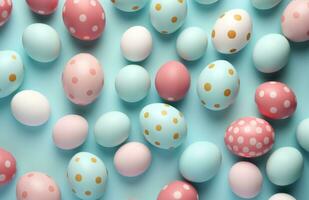 AI generated easter eggs and frame surrounded on a blue table, photo