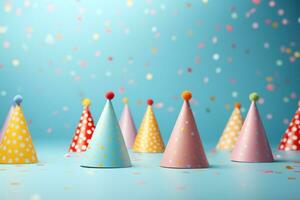 AI generated colourful party hats and different party accessories on a blue background, photo