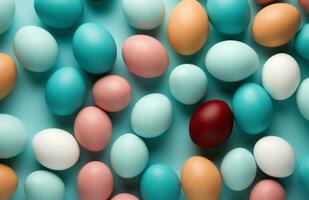 AI generated colourful easter eggs on a blue background, photo