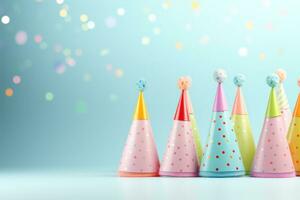 AI generated colourful party hats and different party accessories on a blue background, photo