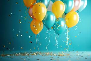 AI generated colorful party balloons, gifts, and confetti set among various colorful decorations, photo