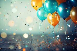 AI generated colorful party background with confetti, balloons and ribbons, photo