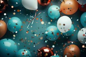 AI generated colorful party balloons, gifts, and confetti set among various colorful decorations, photo