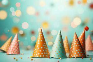 AI generated colorful confetti and party hats on an orange photo