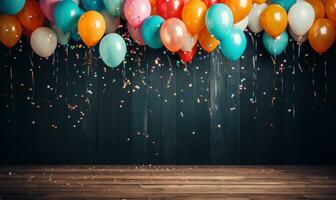 AI generated colorful balloons and confetti flying over wooden background, photo