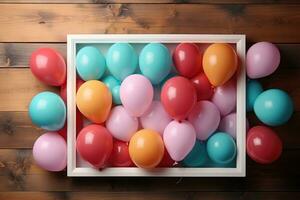 AI generated colorful balloons arranged in a frame on a wooden background, photo