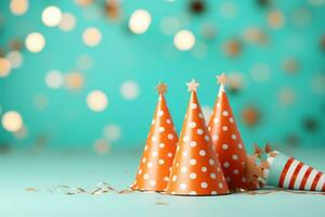 AI generated colorful confetti and party hats on an orange photo