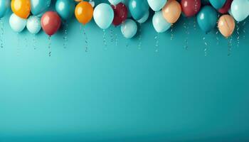 AI generated colorful birthday backdrop. multicolor balloons, party photo