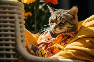 AI generated cat in basket with sunglasses reading yellow magazine wearing shirt, photo