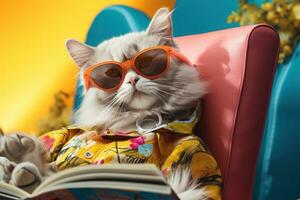 AI generated cat in basket with sunglasses reading yellow magazine wearing shirt, photo