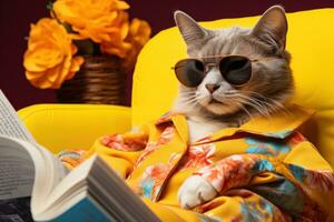 AI generated cat in basket with sunglasses reading yellow magazine wearing shirt, photo