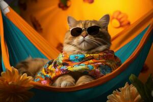 AI generated cat in a hammock laying on the yellow background with sunglasses on, photo