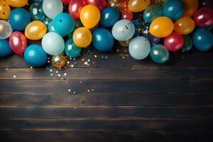 AI generated bright streamers and balloons line wooden wooden frame, photo