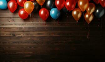 AI generated balloons thrown around on wooden background photo