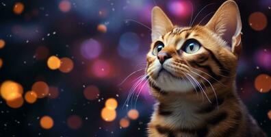 AI generated bengal tabby cat with blue eyes looking up, photo