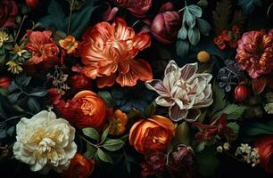 AI generated beautiful flowers in various colors on a black background, photo