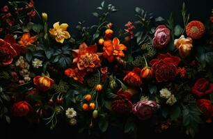 AI generated beautiful flowers in various colors on a black background, photo
