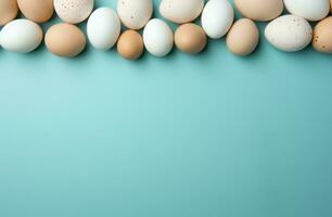 AI generated blank frame with eggs on a blue background, photo