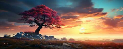 AI generated an image of a tree in a field with a colorful sunset, photo