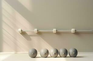 AI generated an exercise bar with a set of gym dumbbells near a beige wall, photo