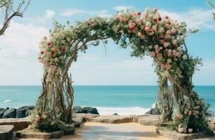 AI generated an archway with flowers and greenery leading to the beach, photo