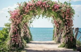 AI generated an archway with flowers and greenery leading to the beach, photo