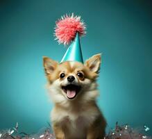 ai generado un adorable perrito en un fiesta sombrero, foto