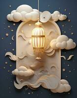 AI generated an arabian lantern, clouds and the moon hanging behind them, photo