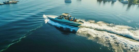 ai generado aéreo imágenes de barco exceso de velocidad a través de el Oceano barco foto