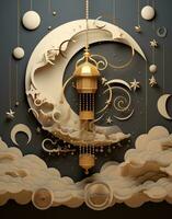 AI generated an arabian lantern, clouds and the moon hanging behind them, photo