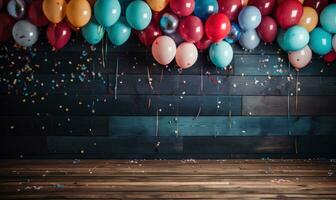 AI generated a wooden background in which colored confetti is tied to colorful balloons, photo