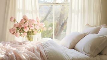 AI generated A white bedroom with a fluffy duvet, a vase of pink roses on a bedside table, photo