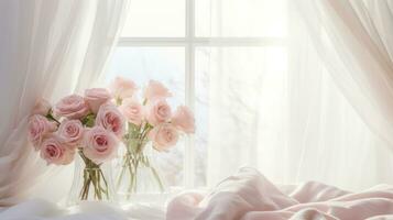 AI generated A white bedroom with a fluffy duvet, a vase of pink roses on a bedside table, photo
