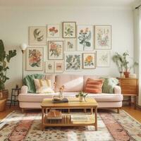 AI generated A vintage-inspired living room with a floral sofa, a patterned rug, photo